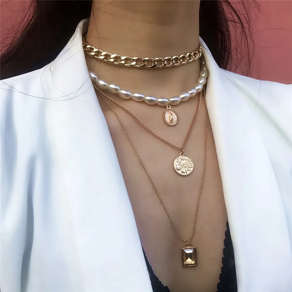 Punk Multi Layered Pearl Choker Necklace Collar Statement Virgin Mary Coin Crystal Pendant Necklace Women Jewelry colares A1
Punk Multi Layered Pearl Choker Necklace Collar Statement Virgin Mary Coin Crystal Pendant Necklace Women Jewelry colares A1