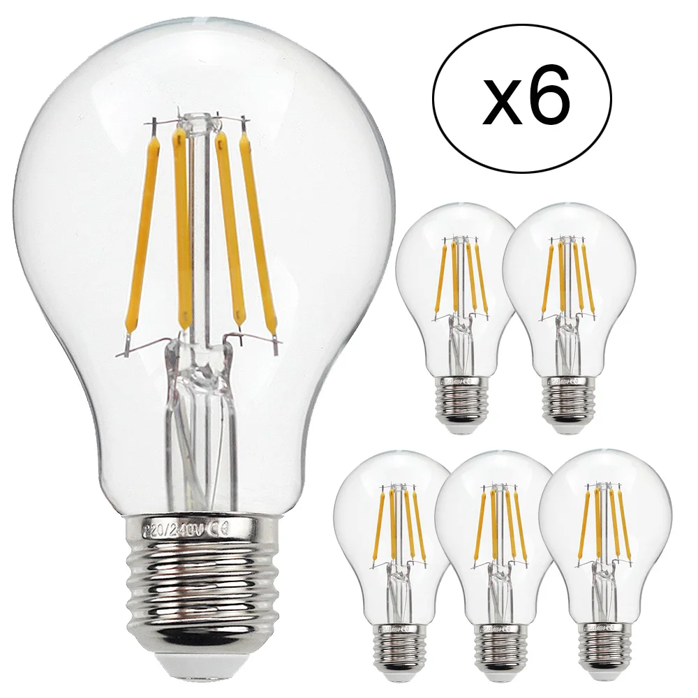 

TIANFAN 6-Pack Led Bulbs Edison Bulb A60 4W 6W 8W 220/240V E27 Led Filament Light Bulb 4000K Nature Day Light