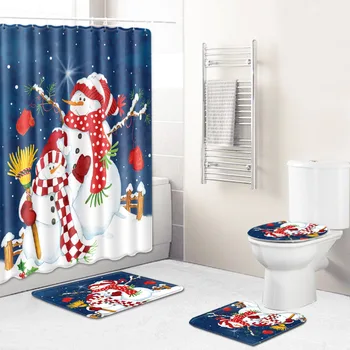 4Pcs/Set Chrismas Bathroom Rugs Mats Waterproof Shower Surtain Closestool Seat Cushion Toilet Anti-Slip 3D Effect Floor Mat