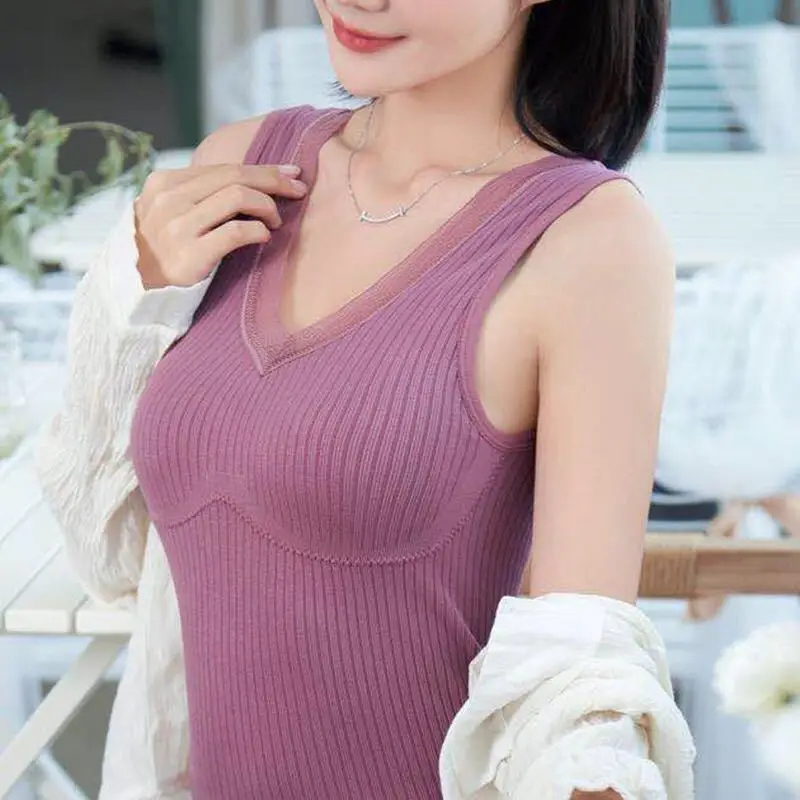 

Women Tank Tops Summer Basic Cami Top Shirt Slim Racerback Blouses 2021 New Summer Tank Chest Pad Lace V Neck Without Steel Ring
