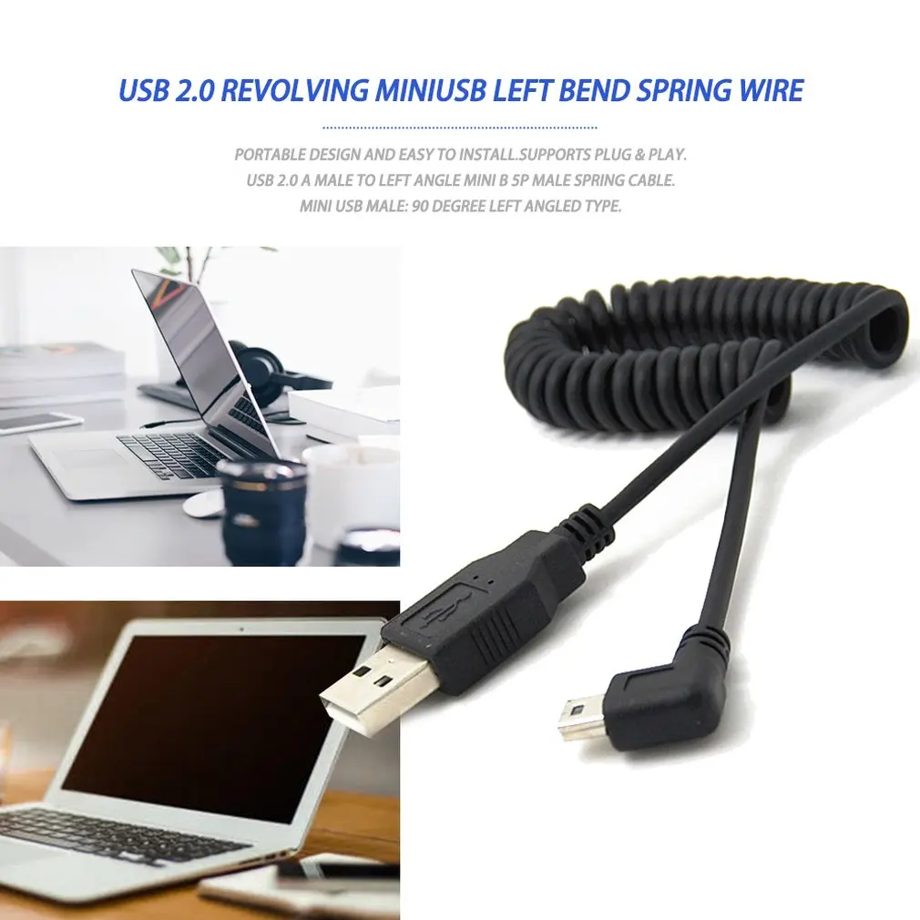 1pc USB 2.0 A Male to Mini USB 5 Pin Right Angled 90 Degree Spiral Coiled Adapter Cord Cable 5ft for MP3 Players Digital Cameras