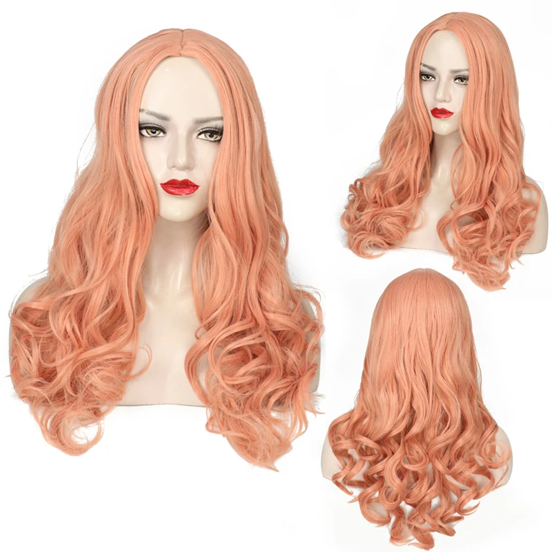 

Synthetic Pink Wigs for women -Long Wavy Right Side Parting NONE Lace Heat Resistant Replacement Wig Full Machine Made 24 inch