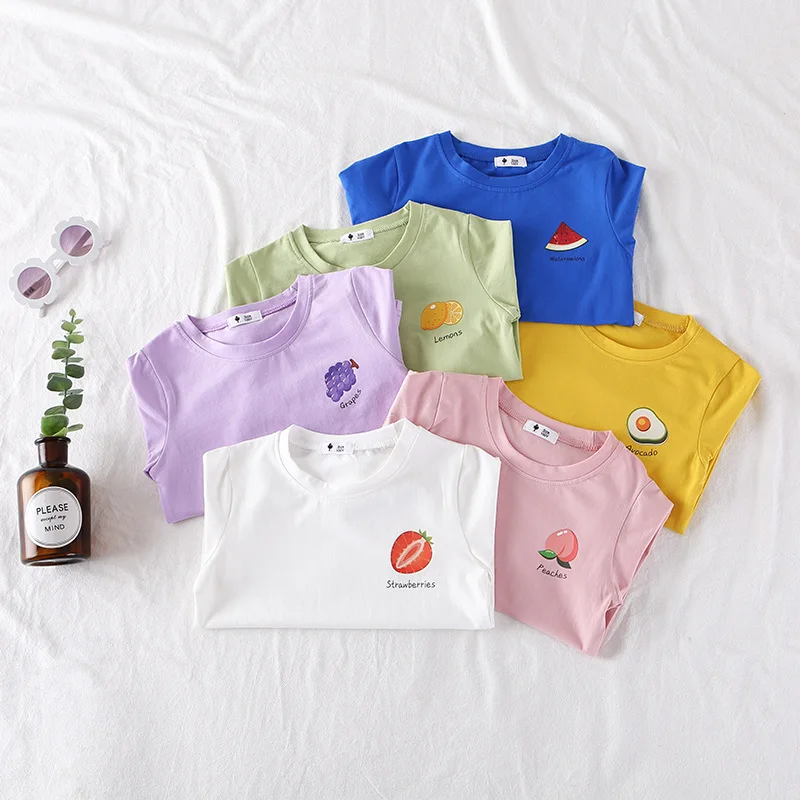Фото Новая милая детская футболка с принтом фруктов для девочек топы модная летняя