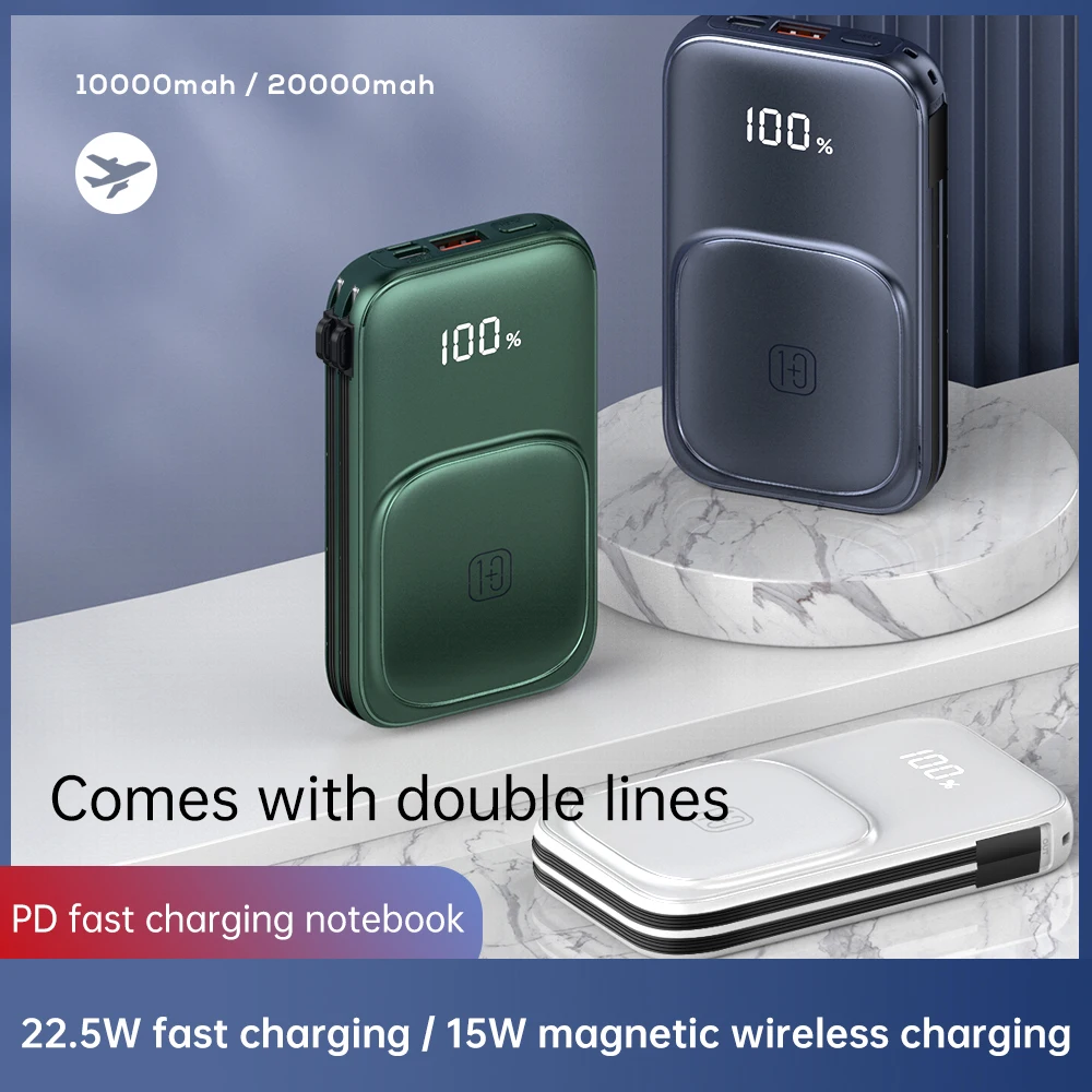 

Магнитное Беспроводное зарядное устройство Qi 20000 мАч, Внешний аккумулятор со встроенным кабелем 22,5 Вт, быстрая зарядка для iPhone 14 Huawei Xiaomi, портативное зарядное устройство для ноутбука