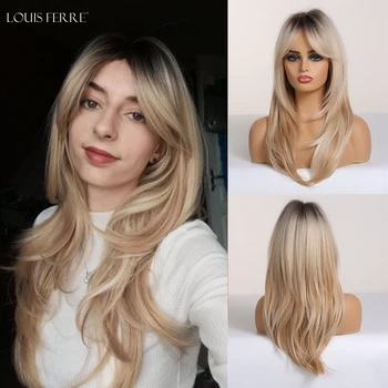 

LOUIS FERRE Synthetic Wigs Long Wavy Ombre Black Brown Blonde Ash Wigs with Bangs for Black Women Afro Heat Resistant False Hair