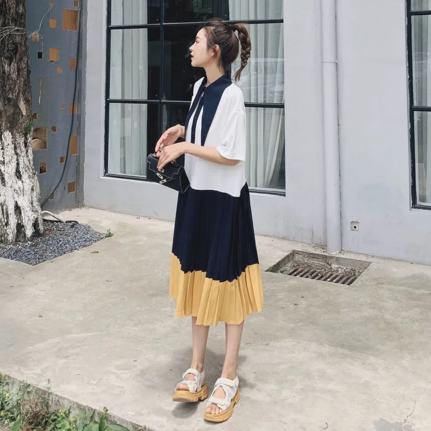 Photo Shoot Main Push CHIC College Style Three-Color Joint Mid-length Loose-Fit Tied Knot Collar Single Breasted Pleated Dress W
Photo Shoot Main Push CHIC College Style Three-Color Joint Mid-length Loose-Fit Tied Knot Collar Single Breasted Pleated Dress W
