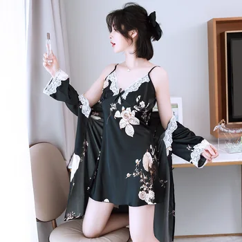 Summer Sexy Ice Silk Nightdress Female Strap Simulation Silk Nightgown Thin Lace Night Dress Robe Two-piece Suit Camison Bata
Summer Sexy Ice Silk Nightdress Female Strap Simulation Silk Nightgown Thin Lace Night Dress Robe Two-piece Suit Camison Bata