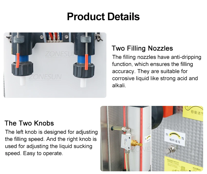 ZONESUN Double Nozzles Strong Acid Alkali Corrosive Liquid Filling Machine Semi-automatic Disinfectant Filler corrosion resistance