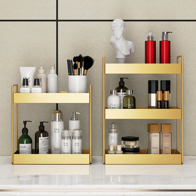 Nordic metal Gold bathroom skin care prod storage rack perfume makeup toiletries storage tray box large capacity threelayer rack
Nordic metal Gold bathroom skin care prod storage rack perfume makeup toiletries storage tray box large capacity threelayer rack