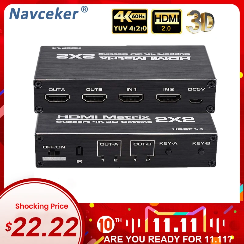 2020 Best 4K@60Hz HDMI Matrix 2x2 Switch Splitter Support HDCP 1.4 IR Remote Control HDMI Switch 2 In 2 Out HDMI Matrix Switch
2020 Best 4K@60Hz HDMI Matrix 2x2 Switch Splitter Support HDCP 1.4 IR Remote Control HDMI Switch 2 In 2 Out HDMI Matrix Switch