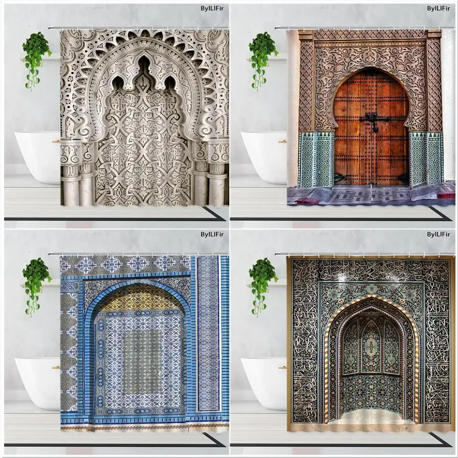 

Vintage Door Shower Curtain Set Retro Moroccan Building Blue Pattern Bathtub Decor Polyester Fabric Bathroom Curtains with Hooks
