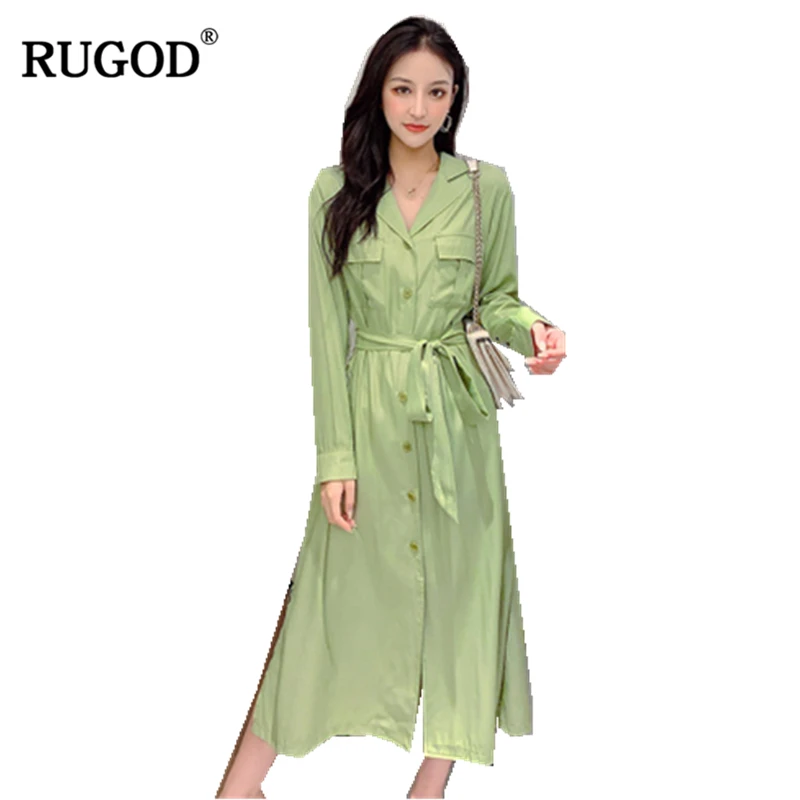 

RUGOD 2019 New Autumn Women Solid Loose Straight Dress With Sash Notched Collar Long Sleeves Pocket Vestidos Safari Style Casual