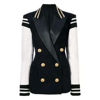 Women Blazer Slim Threaded Cuff Stitch Double Row Metal Lion Button Color Block Patchwork Leather Jacket Navy Coat Office Lady
Women Blazer Slim Threaded Cuff Stitch Double Row Metal Lion Button Color Block Patchwork Leather Jacket Navy Coat Office Lady