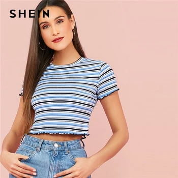 

SHEIN Multicolor Lettuce Trim Rib-knit Striped Crop Tee Women 2020 Summer T Shirt Short Sleeve Slim Fitted Casual Ladies Tops