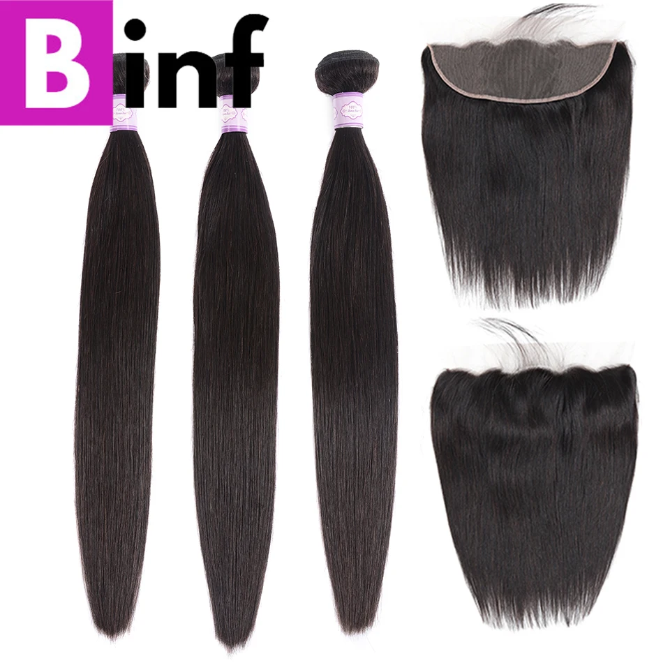 BINF Brazilian Straight Hair With Closure 3 Bundles Non Remy Human Hair With 13*4 Free Part Ear to Ear Lace Frontal Color 1B
BINF Brazilian Straight Hair With Closure 3 Bundles Non Remy Human Hair With 13*4 Free Part Ear to Ear Lace Frontal Color 1B