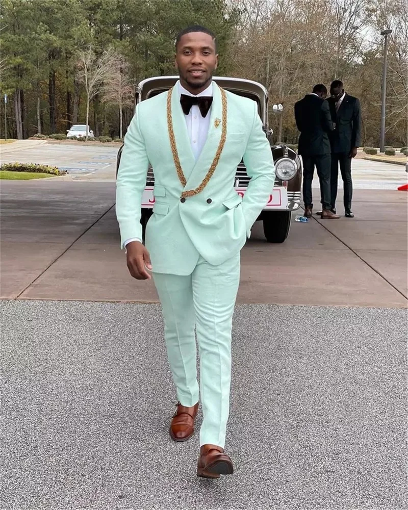 2 Pieces Men Suits Custom Made Light Green Wedding Suits With Gold Appliqued Tuxedos Peaked Lapel Blazer Business Coat+Pant Fit
2 Pieces Men Suits Custom Made Light Green Wedding Suits With Gold Appliqued Tuxedos Peaked Lapel Blazer Business Coat+Pant Fit