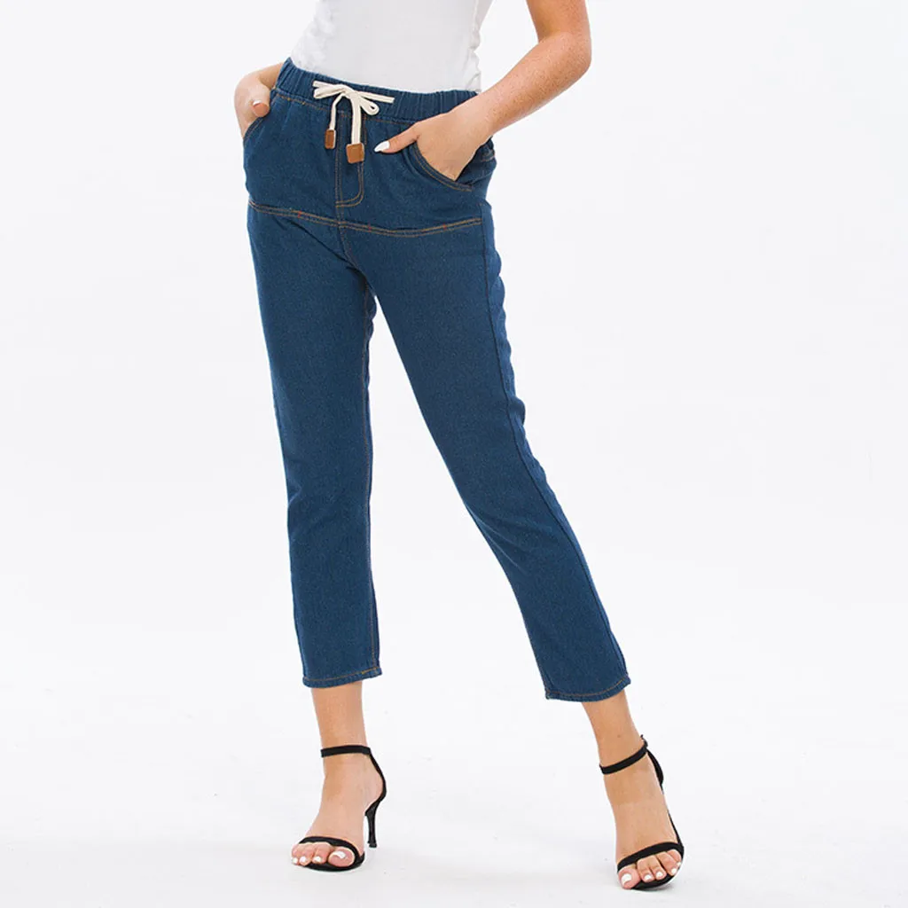 Модные женские брюки с эластичной резинкой на талии повседневные джинсы Прямая