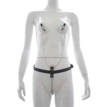 

Chastity Belt Nipple Clamps Chain Set Sexy Thong Panties Bondage Strap Underwear PU Leather Pants Bdsm Restraint Clothes