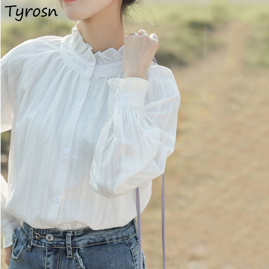 

White Shirts Women Long Sleeve Stand Collar Designed Sweet Girls Students College Solid Korean Style Feminine Camisas Ulzzang