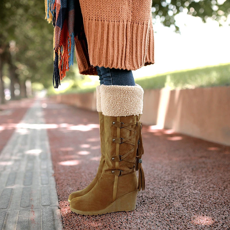 Women Snow Boots Black Brown Wedges High Heel Platform Fur Winter Knee High Boots Women Thick Flock Warm Long Shoes Botas VT1381