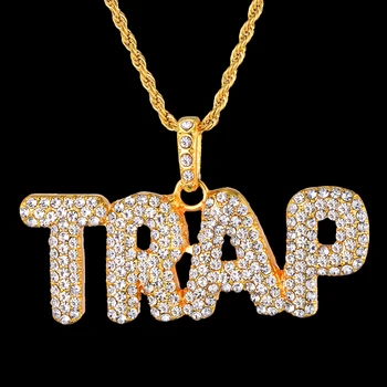 

US7 Full Rhinestoned Iced Out Letter TRAP Pendants & Necklaces with Stainless Steel Rope Chain Necklace for Men Hip Hop Jewelry