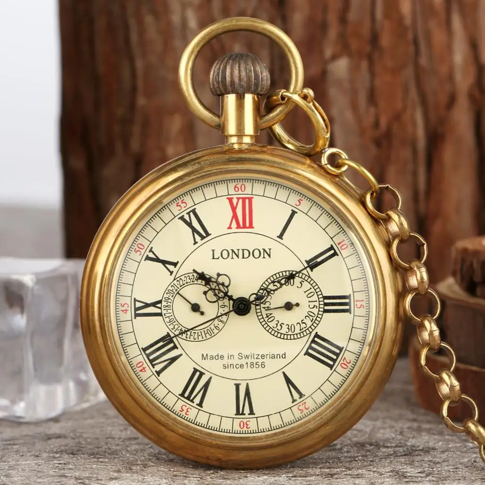 

Copper Antique London 1856's Antique 5 Hands Mechanical Pocket Watch Hand Winding Skeleton Clock Men's Pocket Watches 30cm Chain