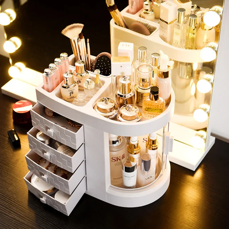 

Dressing Table 4 Drawer Makeup Holder Storage Box Transparent Rotation Window Lipstick Organizer For Cosmetic Brush Jewelry