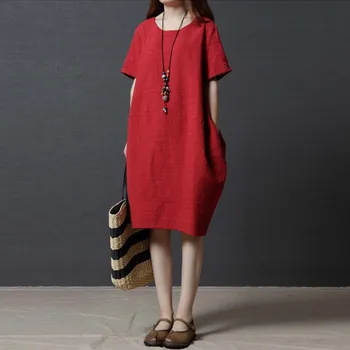 Korean-style Loose And Plus-sized WOMEN'S Dress-Style Solid Color Crew Neck Short Sleeve Cotton Linen Dress Mid-length 2019 Summ
Korean-style Loose And Plus-sized WOMEN'S Dress-Style Solid Color Crew Neck Short Sleeve Cotton Linen Dress Mid-length 2019 Summ