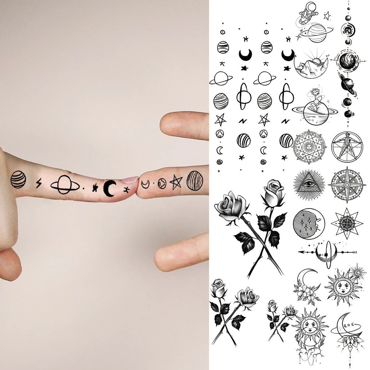 

Black Universe Planet Finger Temporary Tattoos For Women Adult Rose Flower Totem Realistic Fake Tattoo 3D Fashion Washable Tatoo