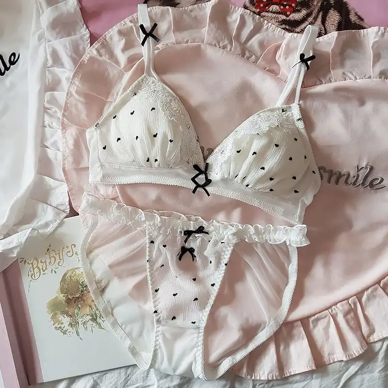 sweet girl heart lace trim sexy white no rims bra underwear set