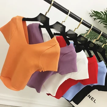 Short Sleeve V-neck Knitted T-shirts Girls Solid Stretchy Crop Tops Thin Knitwear For Women G804
Short Sleeve V-neck Knitted T-shirts Girls Solid Stretchy Crop Tops Thin Knitwear For Women G804