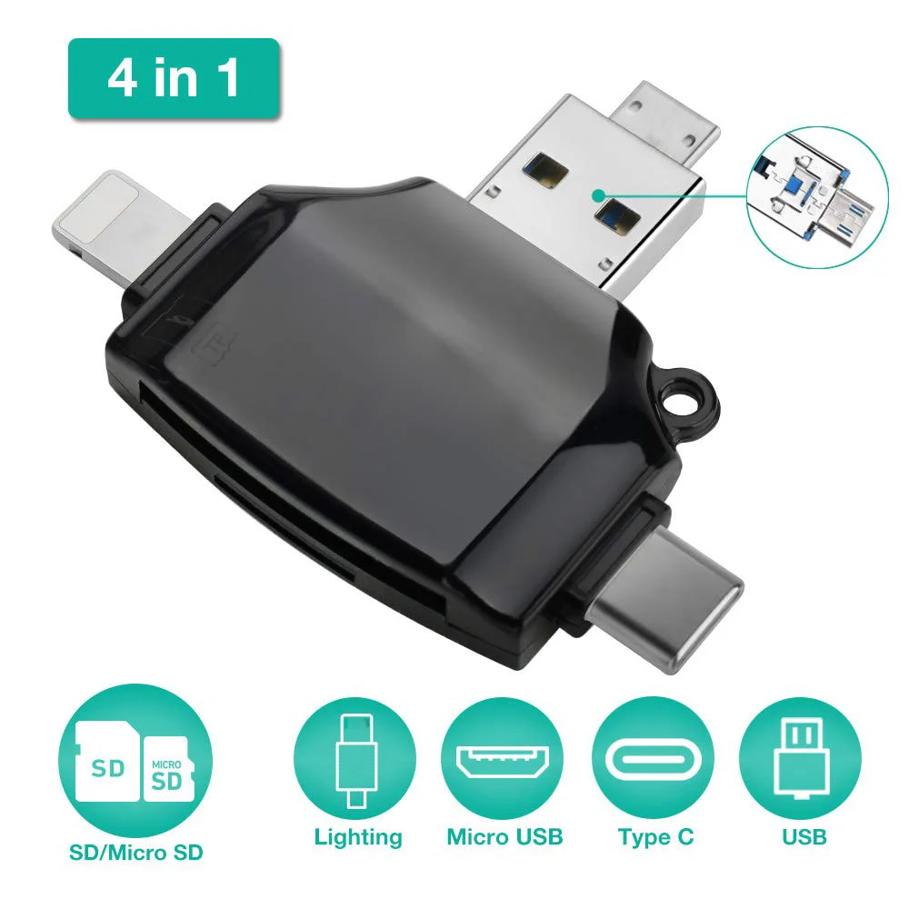 LYBALL 4 in 1 SD/TF Memory Card Reader Type C Micro USB OTG Card Reader for Apple iPhone iPad Android Phone MacBook PC Laptop
LYBALL 4 in 1 SD/TF Memory Card Reader Type C Micro USB OTG Card Reader for Apple iPhone iPad Android Phone MacBook PC Laptop
