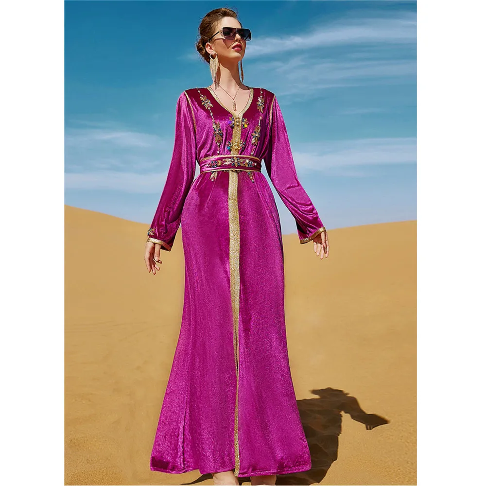 

Eid Party Dresses for Women Diamonds Velvet Belted Abaya Muslim Dress Ramadan Djallaba Islamic Jalabiya Dubai Kaftan Turkey Robe