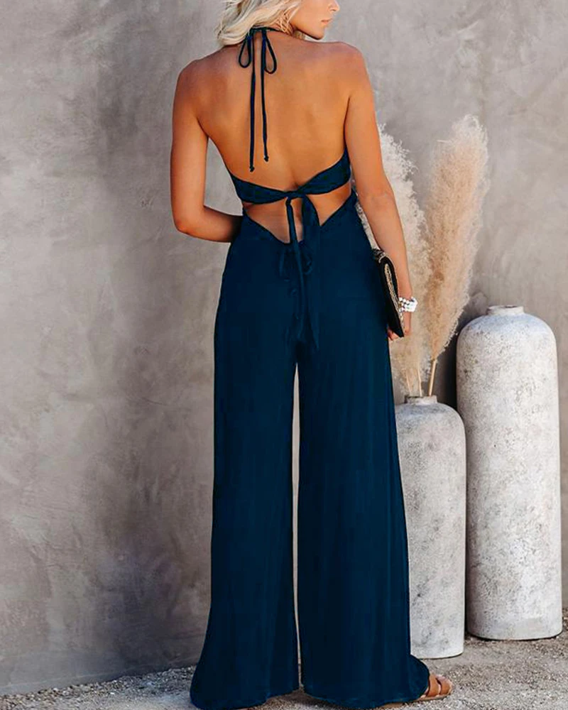 2020 Women Fashion Elegant Solid Halter Sleeveless Sexy Party Jumpsuits Female Summer Backless Halter Neck Jumpsuit 2020 Women Fashion Elegant Solid Halter Sleeveless Sexy Party Jumpsuits Female Summer Backless Halter Neck Jumpsuit