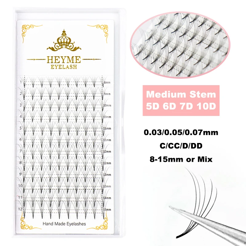 

Heyme Premade Fan Lashes 0.05mm Sharpen Middle Stem 5D/6D/7D/8D/10D Slim Thin Pointy Base Russian Volume Fans Eyelash Extension