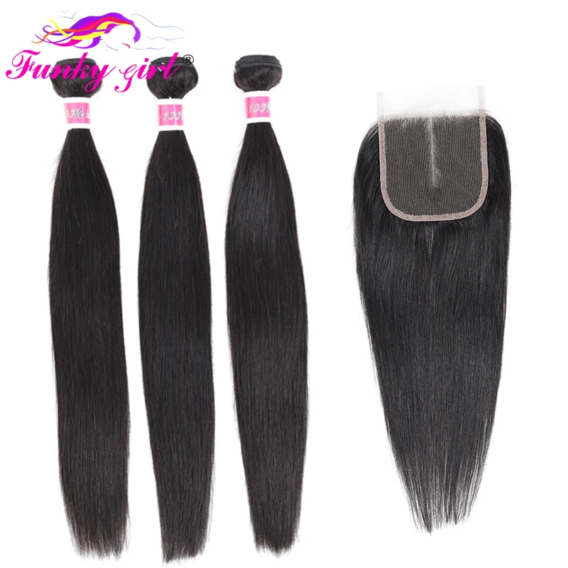 Funky Girl Brazilian Straight Hair Weave 3/4 Bundles With 4*4 Lace Closure Free Part Human Hair Bundles With Closure Non-remy 
Funky Girl Brazilian Straight Hair Weave 3/4 Bundles With 4*4 Lace Closure Free Part Human Hair Bundles With Closure Non-remy
