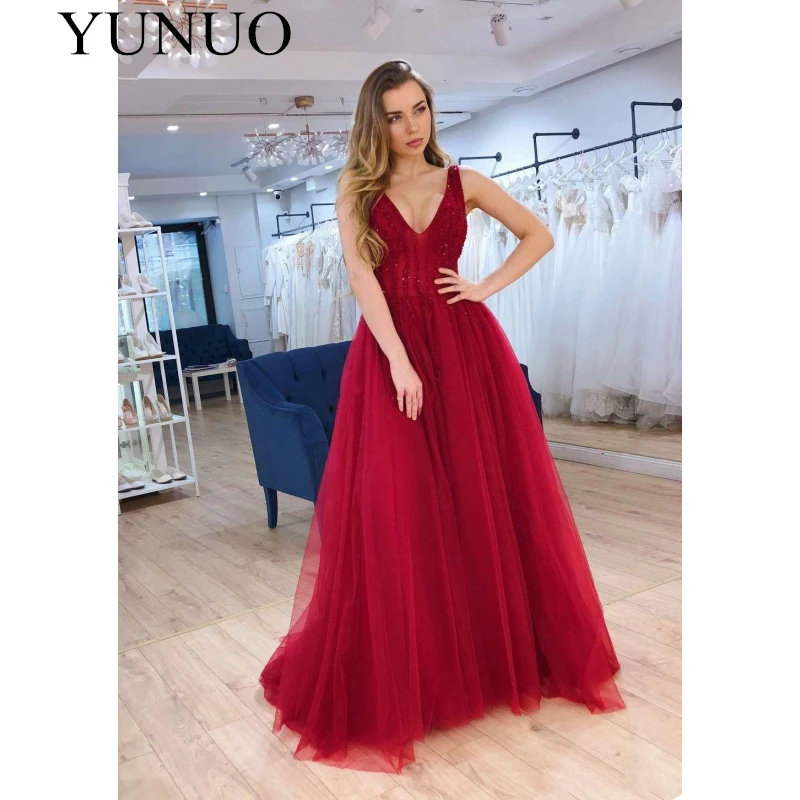 Sexy V-Neck Red Tulle Evening Dresses Sleeveless Sequins Beaded Sparkly Formal Party Gowns A-Line robes de soirée 2019 (6)_副本