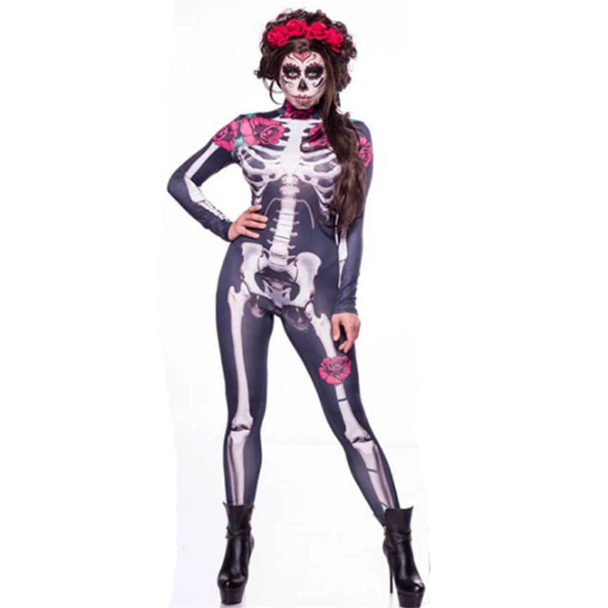 

Rose Red Skeleton Sexy Scary Halloween Costume for Women Disguise Fancy Jumpsuit Devil Vampire Dress Horror Carnival Party Plus