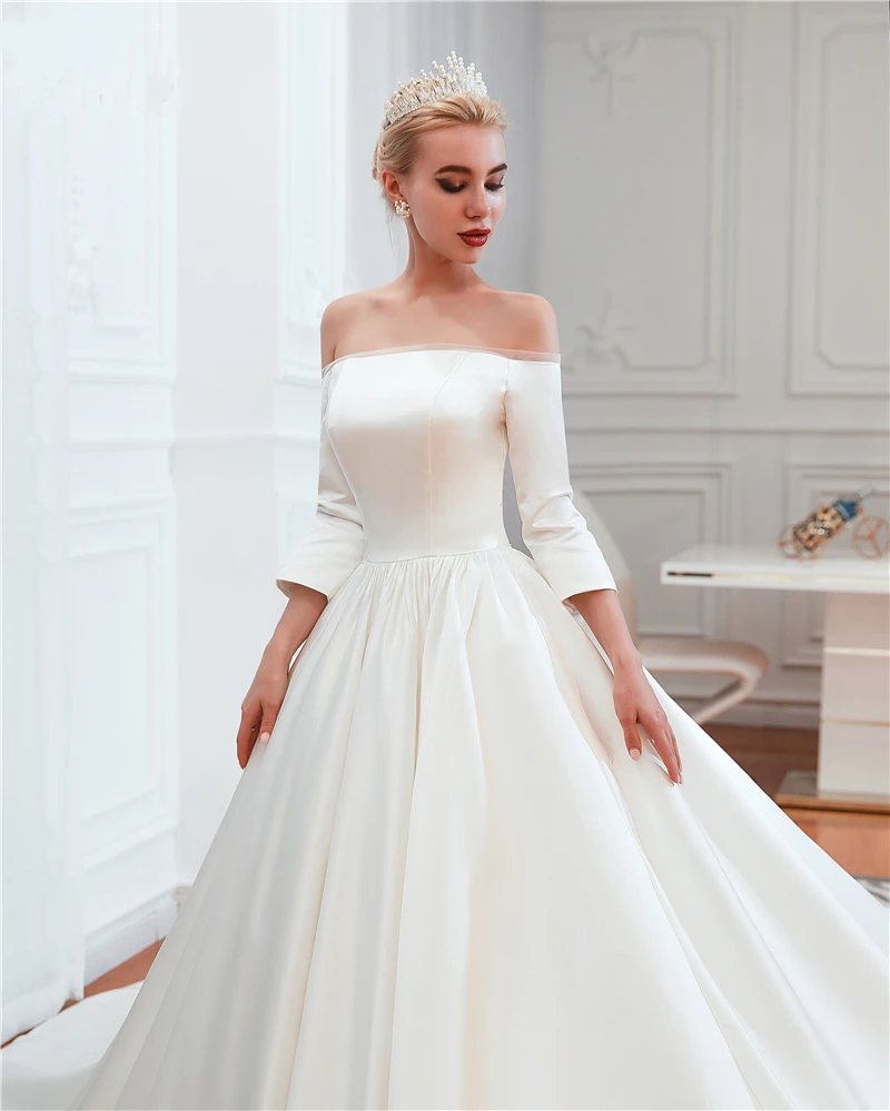 Vestidos De Noiva 2020 New Long Satin Wedding Dresses Lace Up Three Quarter Bridal Gown Mariage Robe De Mariee Custom Made (4)