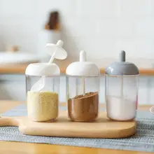 Japane plástico Tempero Sal Pimenta Tempero Jar Cozinha Ferramentas de Cozinha Recipiente Condimento Tempero Jar Garrafa com Colher Transparente(China)
