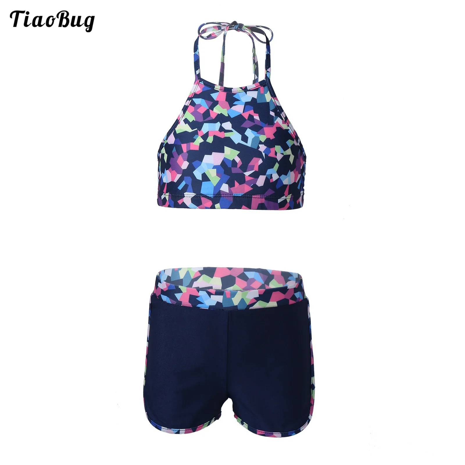 

Kids Girls Summer 2Pcs Swimwear Sportswear Halter Neck Straps Self Tie Back Sleeveless Open Back Cropped Top Shorts Set