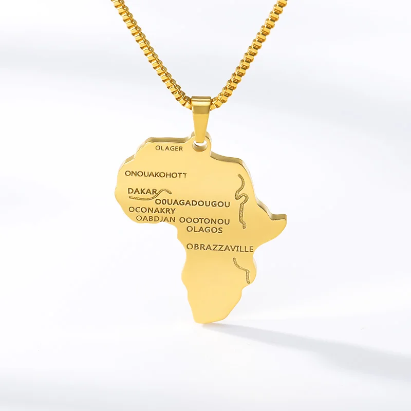 

Box Chain Africa Necklace Gold Color Pendant Choker Necklace African Map Hiphop Gift for Men Women Earth Ethiopian Jewelry