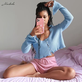 Macheda Autumn Stretchy Ruffle Long Sleeve T shirt Women Button Solid Tight Rib-knitted Plain Sexy Crop Top Street Casual Top 
Macheda Autumn Stretchy Ruffle Long Sleeve T shirt Women Button Solid Tight Rib-knitted Plain Sexy Crop Top Street Casual Top