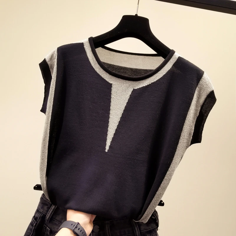 Korean patchwork Ice silk knitted sweater women o-neck short sleeve pullover fashion loose sweaters 2019 summer new arrival tops 
Korean patchwork Ice silk knitted sweater women o-neck short sleeve pullover fashion loose sweaters 2019 summer new arrival tops