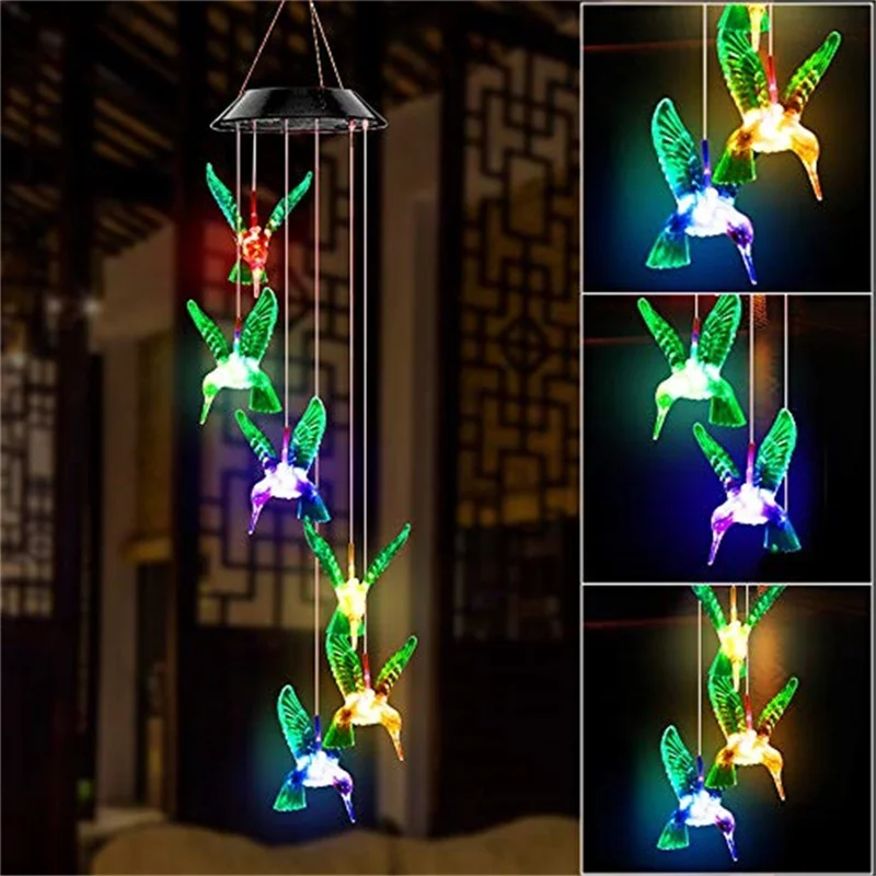 

New Solar LED Color Changing Hummingbird Wind Chimes Light Outdoor Waterproof Garden Lamp Decoration for Home Balcony Window