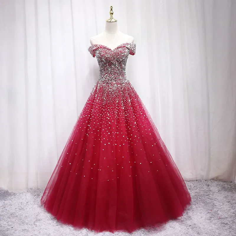 

2024 New A-line Off-the-shoulder Dark Red Beading Prom Dresses Pearls Crystals Saudi Arabia Evening Party Gowns Hot Sale