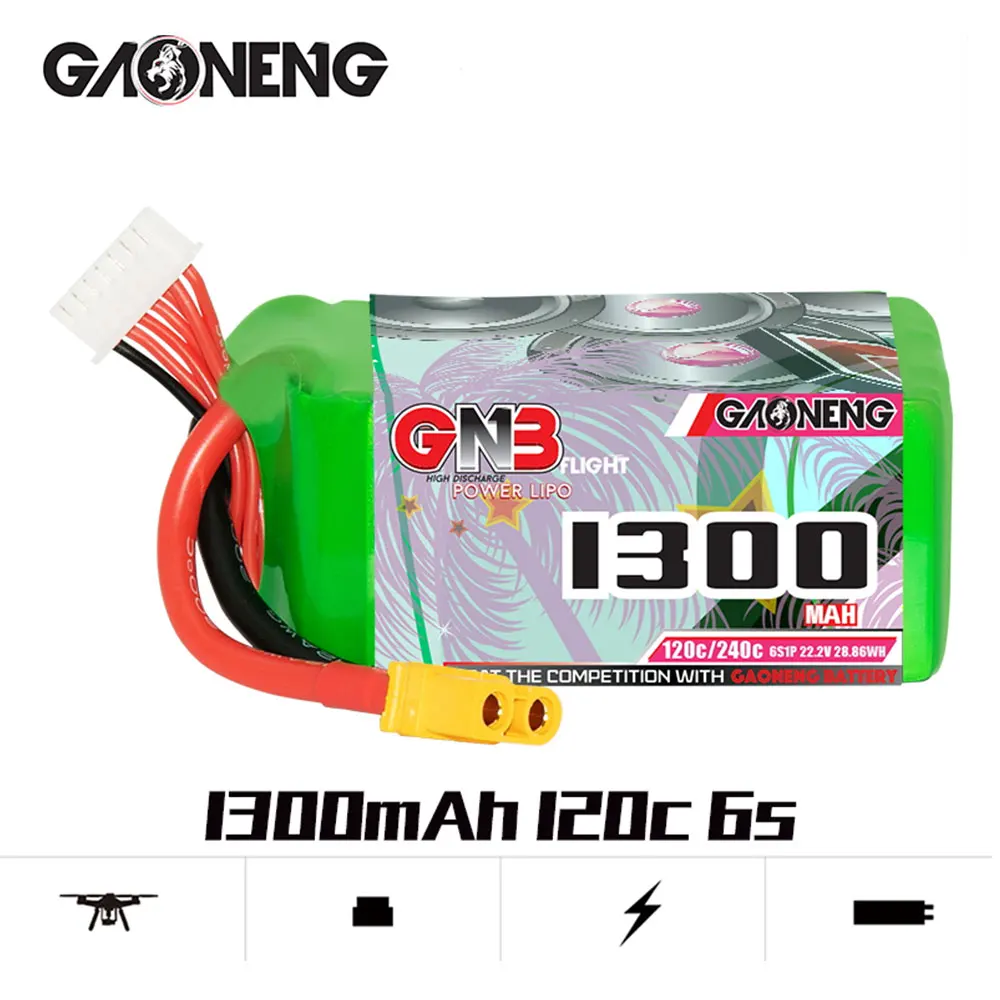 GAONENG GNB 1300MAH 22.2V 6S 120C XT60 Drone FPV Light Weight New Model High C rate Lipo Battery
GAONENG GNB 1300MAH 22.2V 6S 120C XT60 Drone FPV Light Weight New Model High C rate Lipo Battery