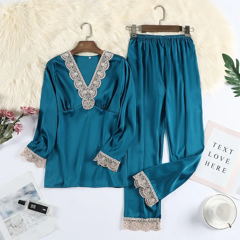 2PCS Satin Pijamas Sleep Suit Female Long Sleeve Pajamas Sets Spring V-Neck Lace Sleepwear Casual Lady Home Wear Nightwear
2PCS Satin Pijamas Sleep Suit Female Long Sleeve Pajamas Sets Spring V-Neck Lace Sleepwear Casual Lady Home Wear Nightwear
