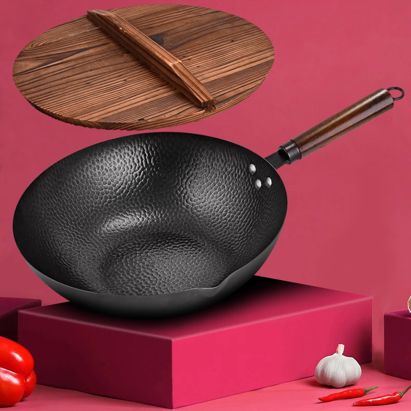 

Carbon Steel Wok with Wooden Handle and Lid,Using for Electric, Induction, Gas Stoves,Kitchen Cookware 32cm
