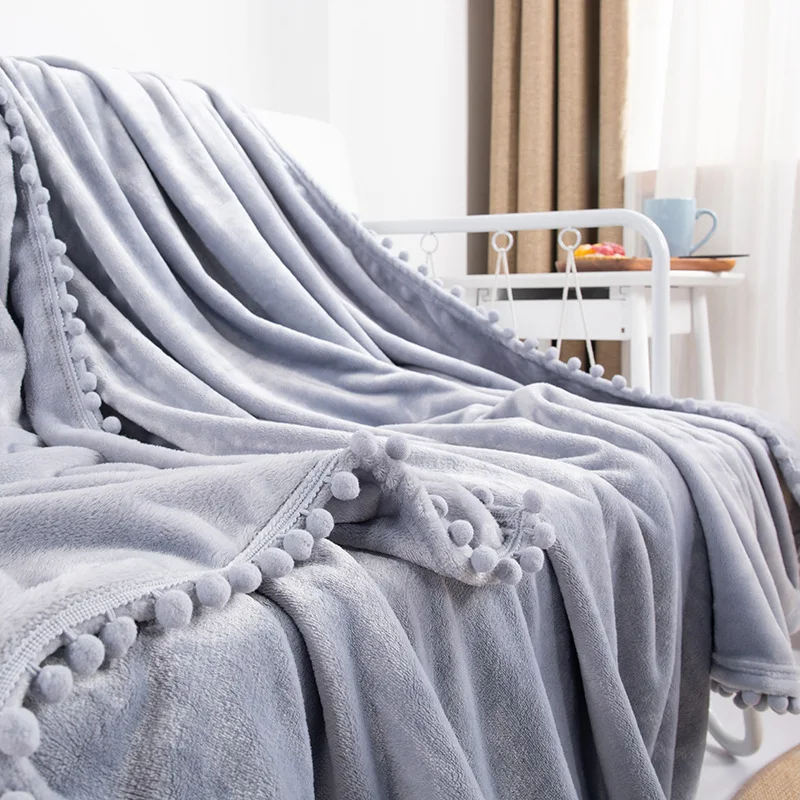 

Flannel Blanket with Pompom Fringe Lightweight Cozy Bed Blanket Soft Throw Blanket fit Couch Sofa Suitable for All Season